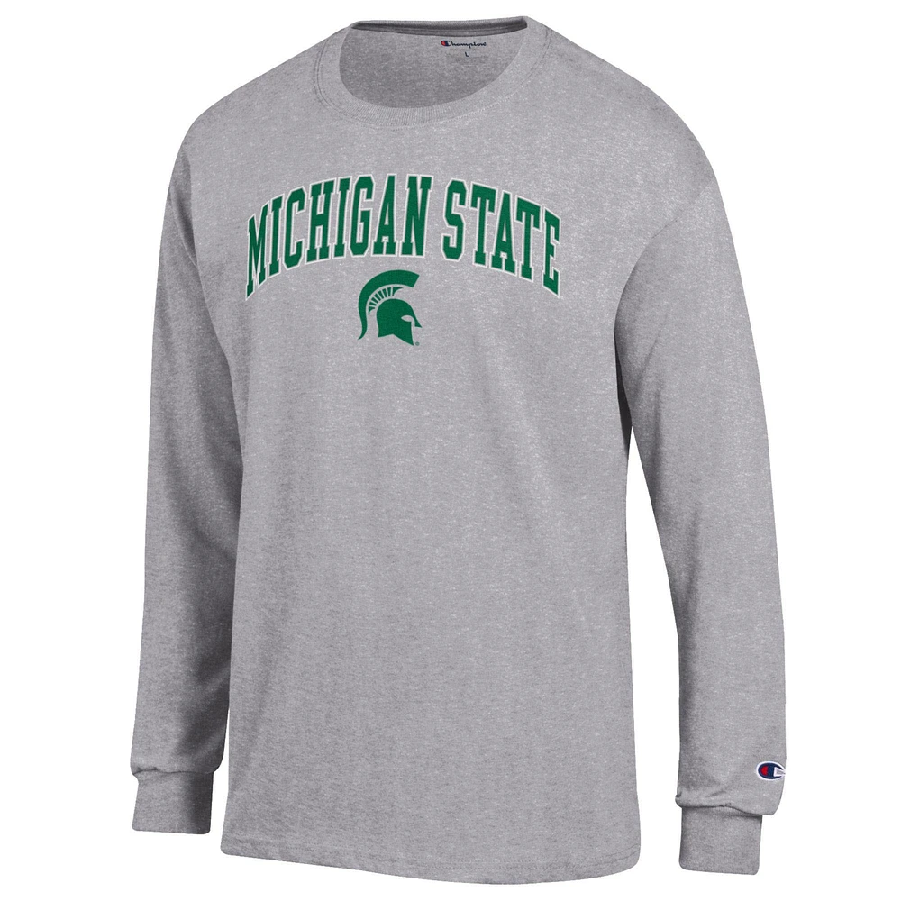 Men's Champion  Heather Gray Michigan State Spartans Arch Over Logo Long Sleeve T-Shirt