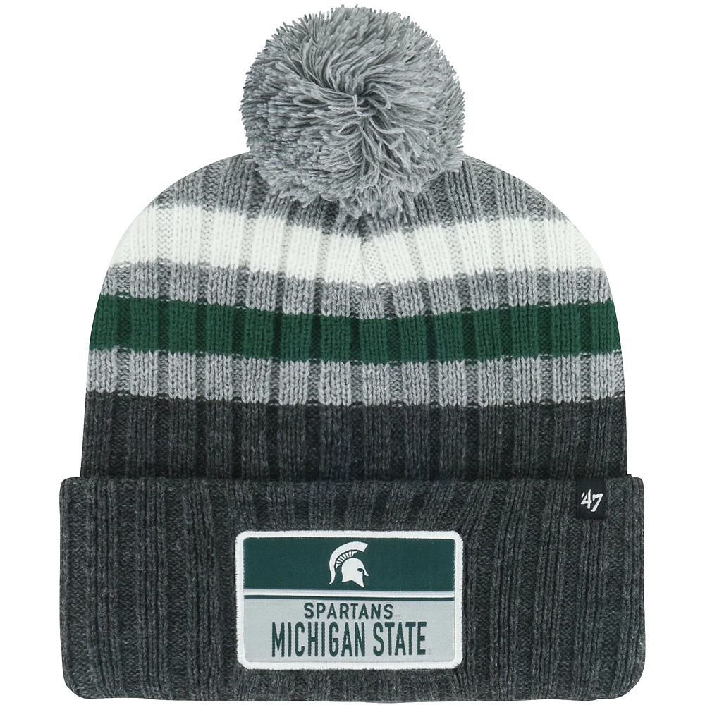 Bonnet en tricot à revers à rayures superposées '47 anthracite Michigan State Spartans avec pompon pour hommes