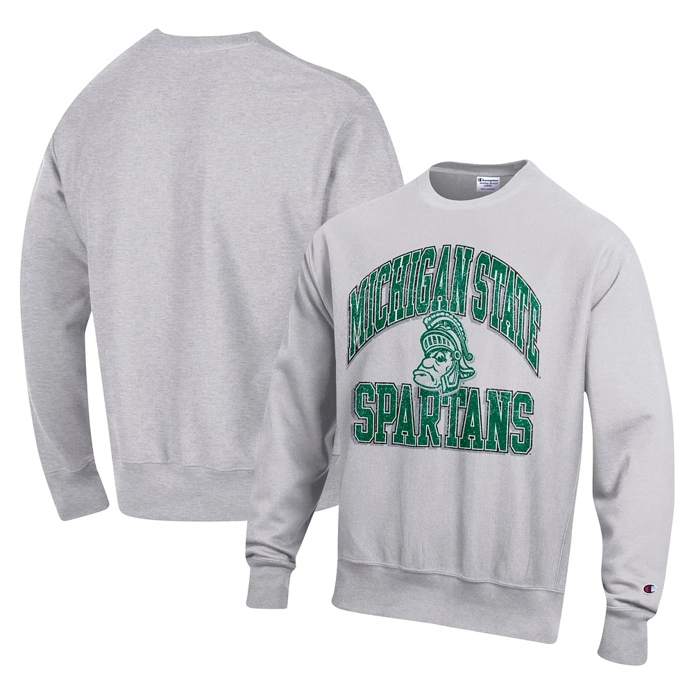 Men's Champion Heather Gray Michigan State Spartans Vault Late Night Reverse Weave Pullover Sweatshirt