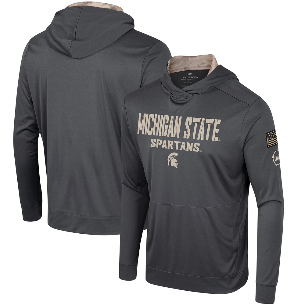 T-shirt à capuche manches longues pour hommes Colosseum Charcoal Michigan State Spartans OHT Military Appréciation