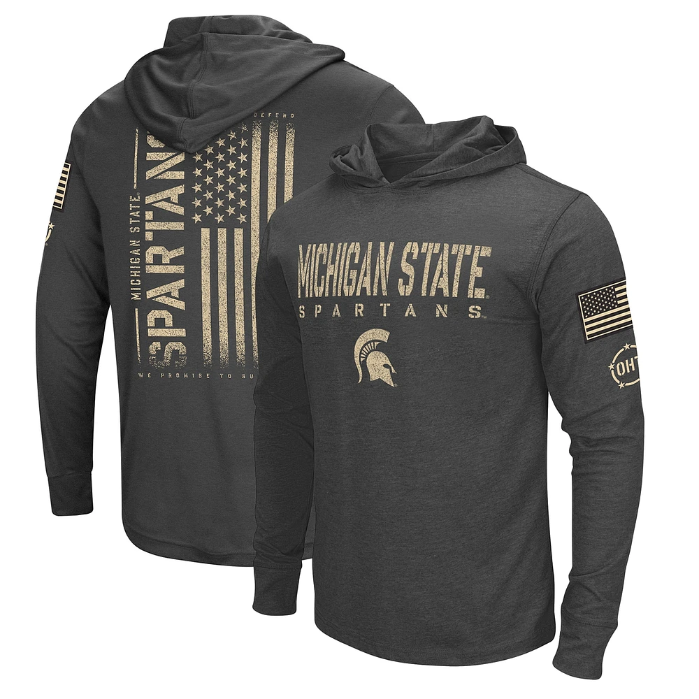 T-shirt à capuche manches longues pour hommes Colosseum Heather Black Michigan State Spartans Team OHT Military Appréciation