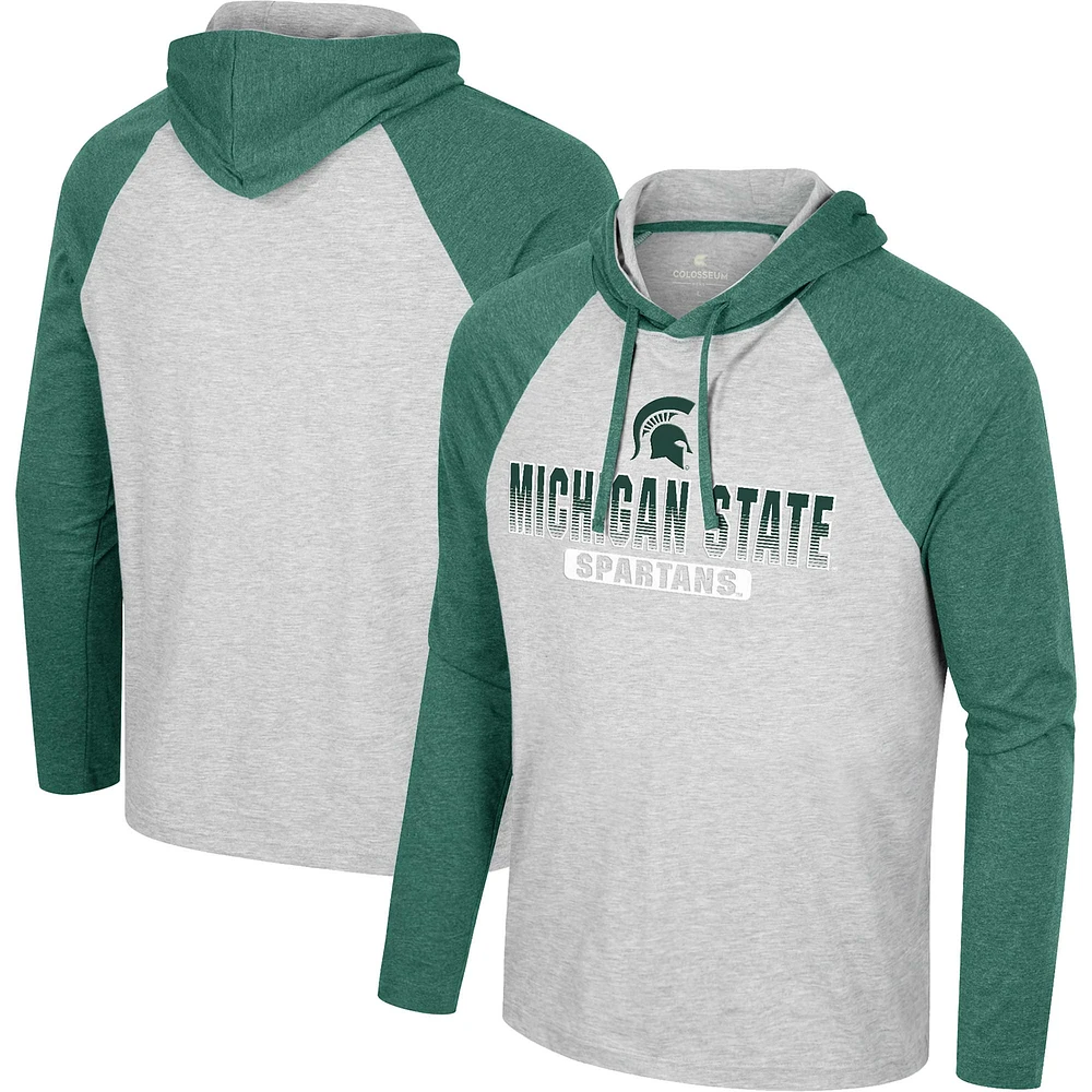 T-shirt à capuche manches longues Colosseum Heather Grey Michigan State Spartans Hasta La Vista Raglan pour hommes