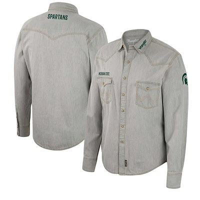 Chemise à manches longues Colosseum x Wrangler pour hommes, grise, Michigan State Spartans, coupe cowboy Western boutons-pression complets