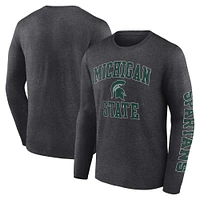 T-shirt à manches longues avec logo en détresse des Spartans de l'État du Michigan Heather Charcoal Fanatics pour hommes