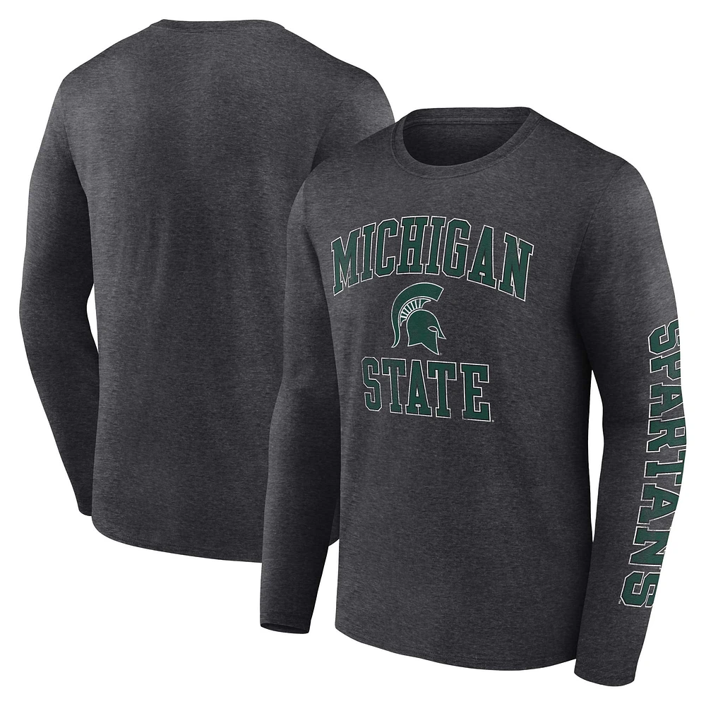 Men's Fanatics Heather Charcoal Michigan State Spartans Distressed Arch Over Logo Long Sleeve T-Shirt