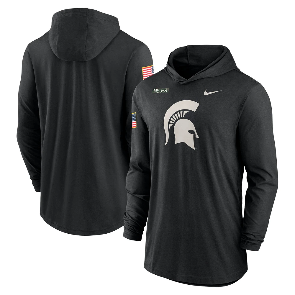 Men's Nike Black Michigan State Spartans 2024 Military Appreciation Performance Long Sleeve Hoodie T-Shirt