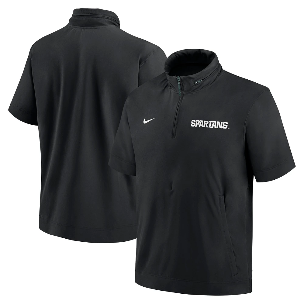 Men's Nike Black Michigan State Spartans 2024 Sideline Coach Short Sleeve Half-Zip Hoodie Jacket