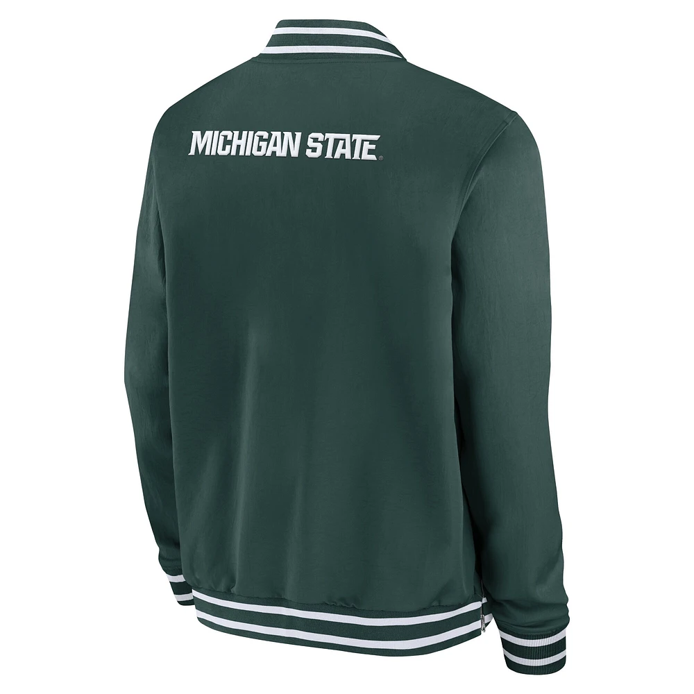 Veste aviateur entièrement zippée Nike Michigan State Spartans 2024 Sideline pour homme, verte