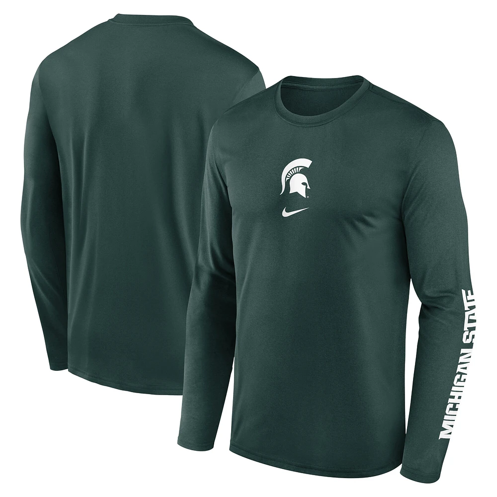 T-shirt Nike vert à manches longues pour homme, Michigan State Spartans Primetime Center Lockup, Legend Performance