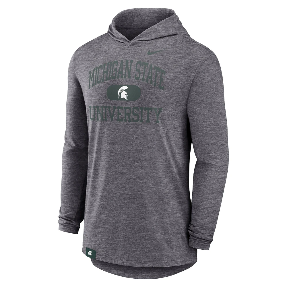 T-shirt à capuche Nike manches longues et logo tri-blend Performance Blitz des Spartans de Michigan State pour homme, couleur anthracite chiné