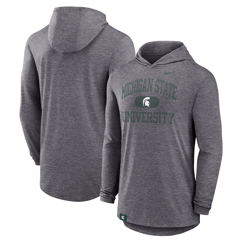 T-shirt à capuche Nike manches longues et logo tri-blend Performance Blitz des Spartans de Michigan State pour homme, couleur anthracite chiné