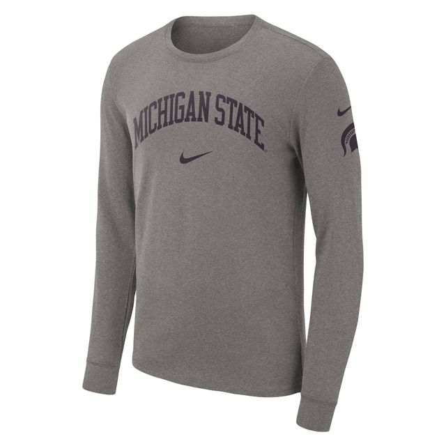 T-shirt à manches longues Nike Michigan State Spartans Arch 2-Hit pour homme, gris chiné