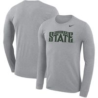 Men's Nike Heathered Gray Michigan State Spartans School Wordmark Logo Performance Legend Long Sleeve T-Shirt