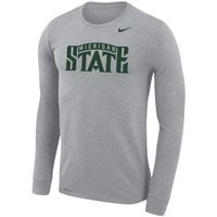 Men's Nike Heathered Gray Michigan State Spartans School Wordmark Logo Performance Legend Long Sleeve T-Shirt