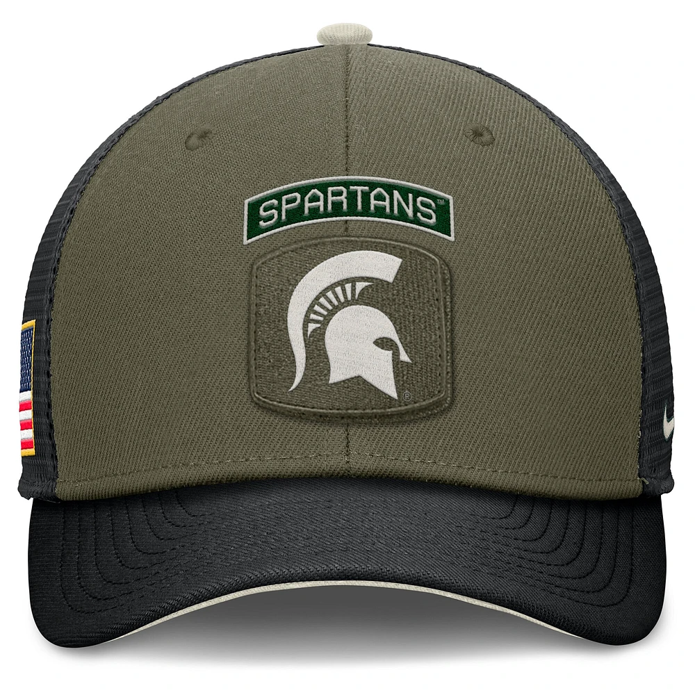 Men's Nike Olive/Black Michigan State Spartans 2024 Military Appreciation Rise Trucker Adjustable Hat