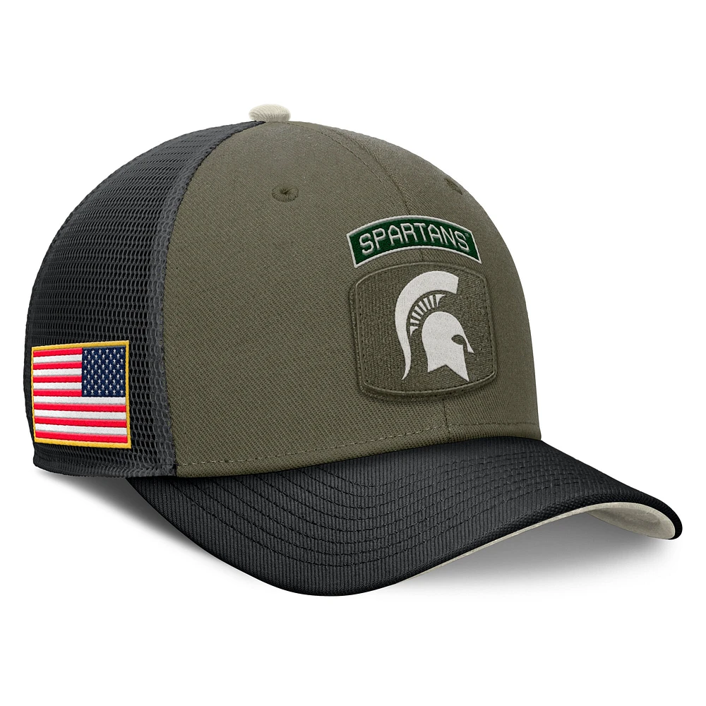 Men's Nike Olive/Black Michigan State Spartans 2024 Military Appreciation Rise Trucker Adjustable Hat