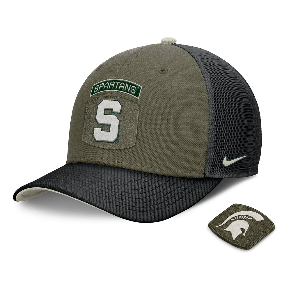 Men's Nike Olive/Black Michigan State Spartans 2024 Military Appreciation Rise Trucker Adjustable Hat