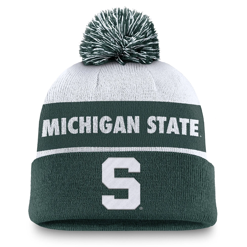 Men's Nike White/Green Michigan State Spartans Primetime Peak Cuffed Knit Hat with Pom