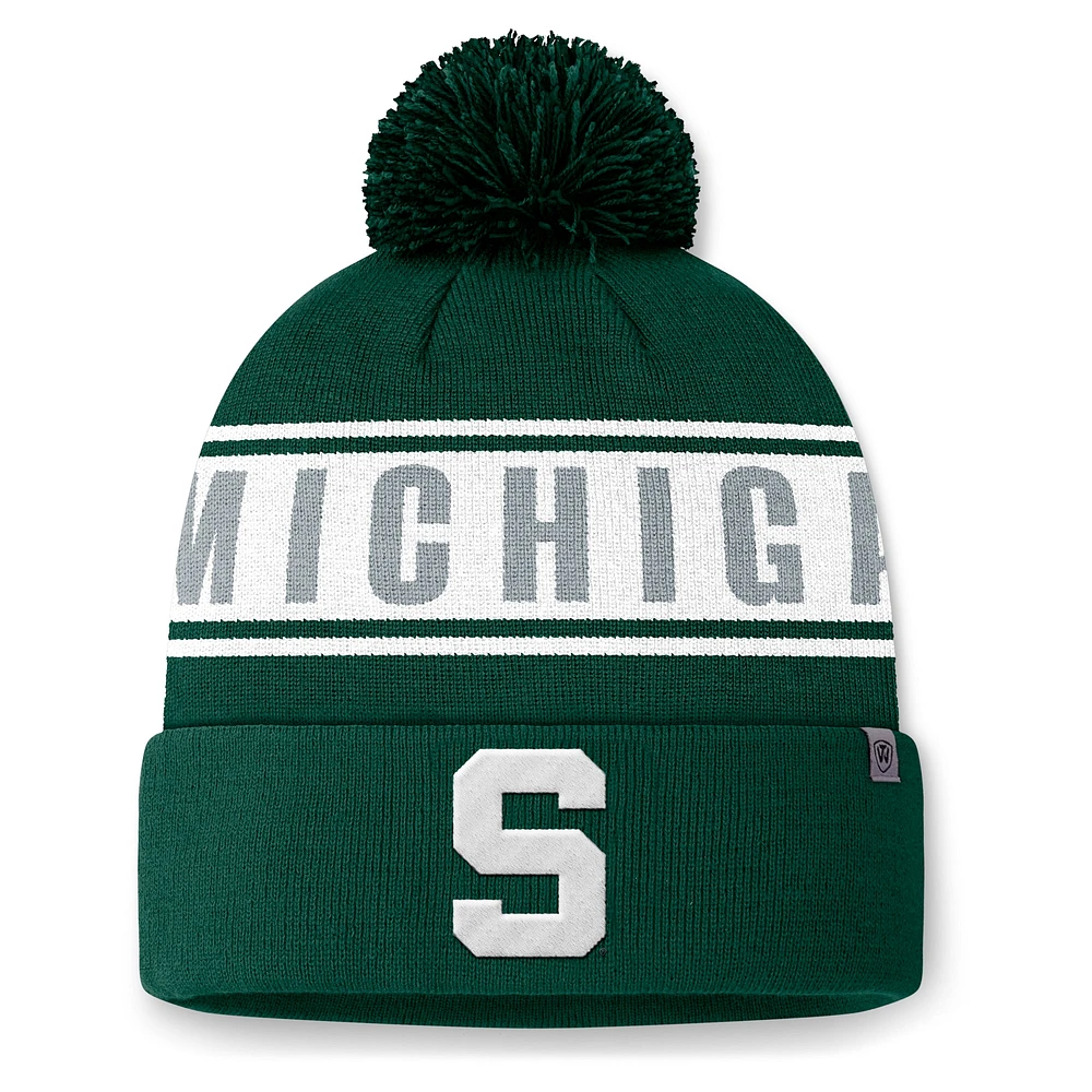 Bonnet tricoté à revers vert Michigan State Spartans Top of the World pour homme avec pompon