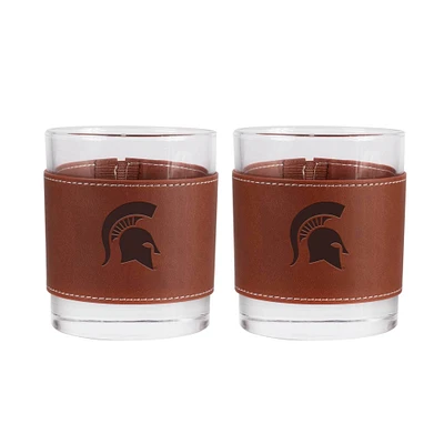 Michigan State Spartans 2-Pack 12oz Rocks Glass with Leather Wrap