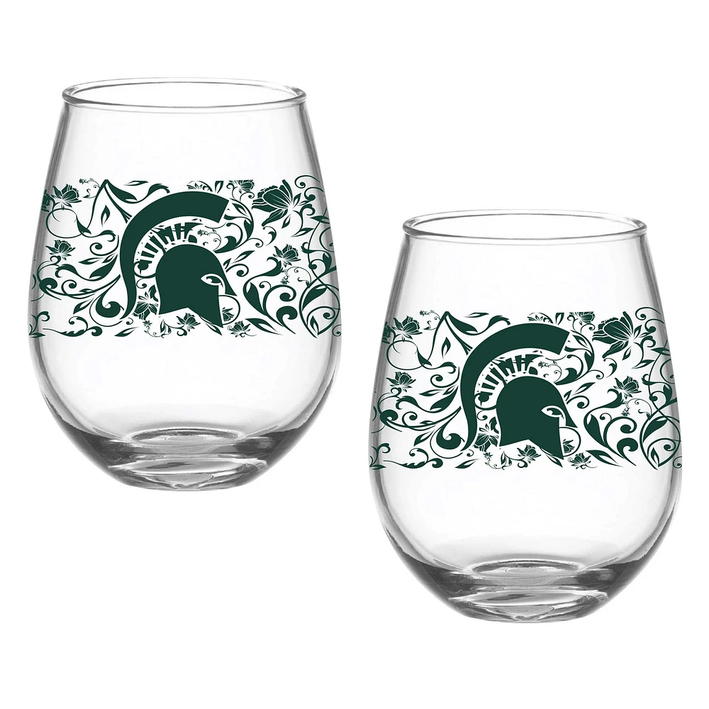 Pack de deux Spartans de l'État du Michigan 15oz. Ensemble de verres floraux sans pied