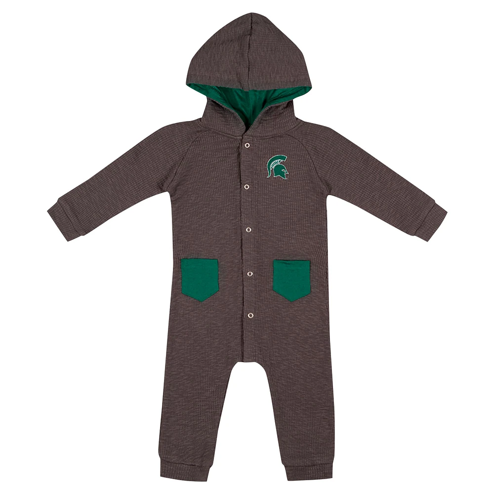 Newborn & Infant Colosseum Charcoal Michigan State Spartans Zando-Zan Waffle Full-Snap Hooded Romper