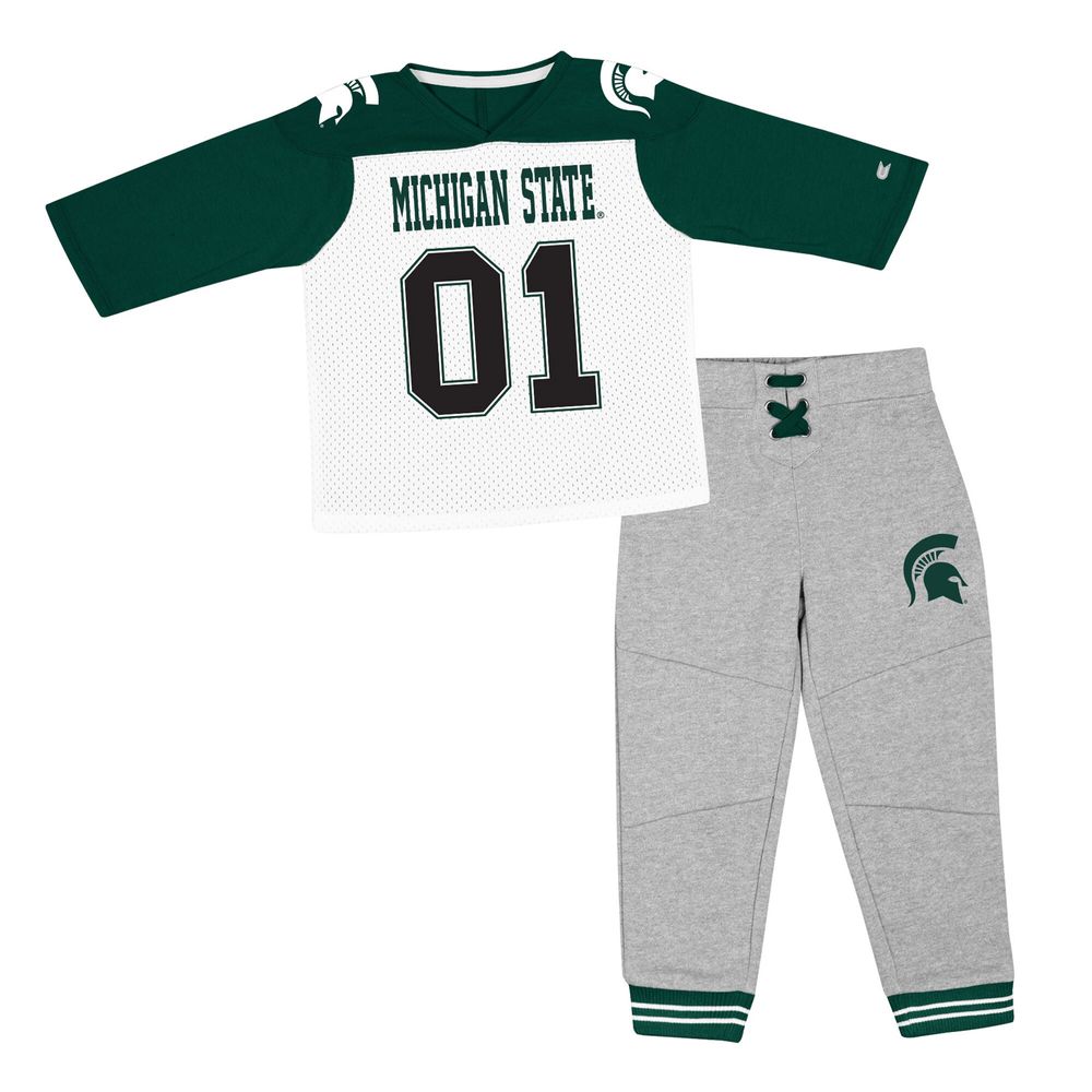 Toddler Colosseum Green/Heather Gray Michigan State Spartans Jingtinglers Football V-Neck Jersey T-Shirt & Pants Set