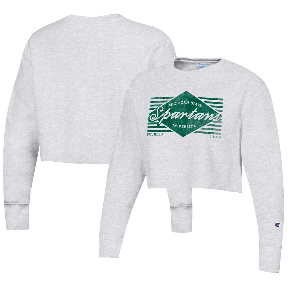 Women's Champion Heather Gray Michigan State Spartans Reverse Weave Cropped Pullover Sweatshirt