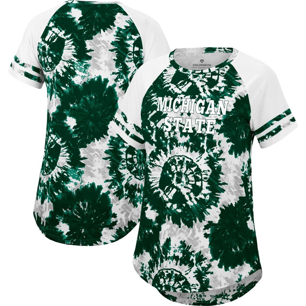 Women's Colosseum Green/White Michigan State Spartans Annie Oversized Tie-Dye Raglan T-Shirt