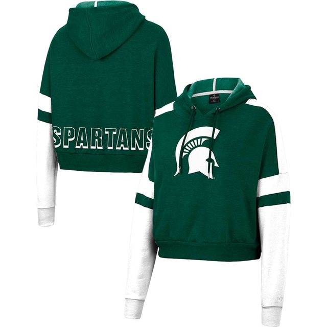 Pull à capuche court Colosseum Heather Green Michigan State Spartans Throwback Stripe Arch Logo pour femmes