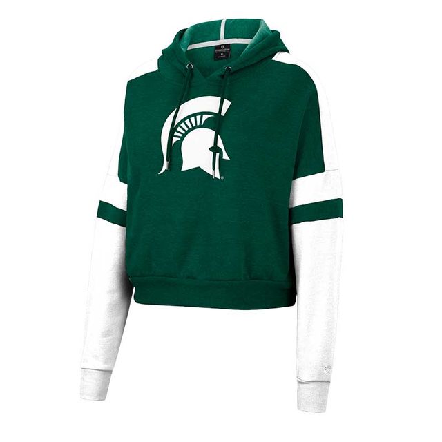 Pull à capuche court Colosseum Heather Green Michigan State Spartans Throwback Stripe Arch Logo pour femmes