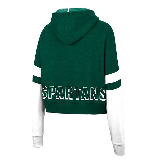 Pull à capuche court Colosseum Heather Green Michigan State Spartans Throwback Stripe Arch Logo pour femmes