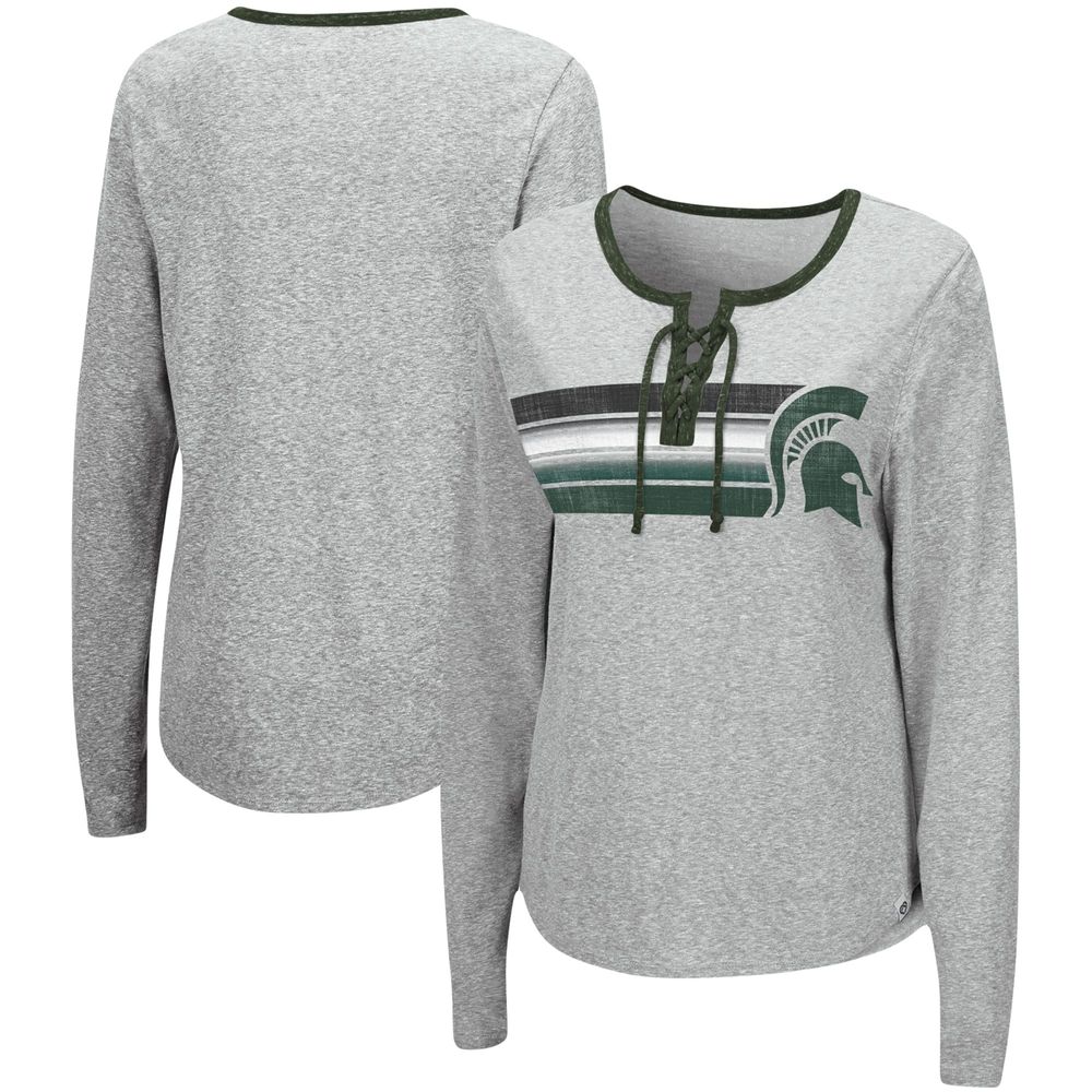 Women's Colosseum Heathered Gray Michigan State Spartans Sundial Tri-Blend Long Sleeve Lace-Up T-Shirt