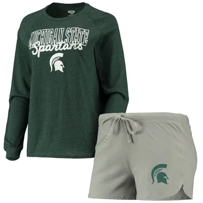 Michigan State Spartans Concepts Sport Women's Raglan Long Sleeve T-Shirt & Shorts Sleep Set - Green/Gray