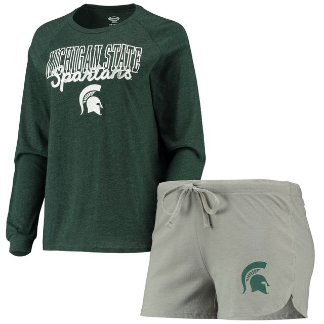 Ensemble de nuit Concepts Sport vert/gris Michigan State Spartans T-shirt à manches longues et short raglan pour femmes