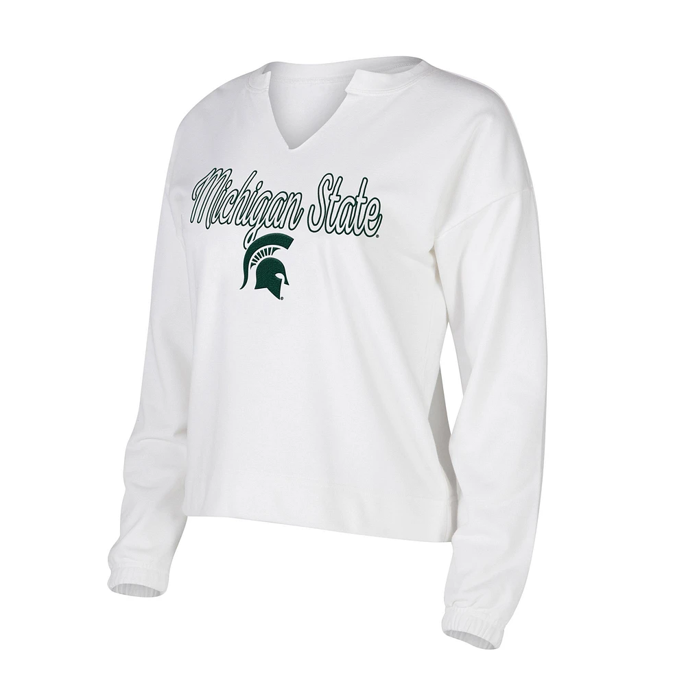 Women's Concepts Sport White Michigan State Spartans Sienna Notch Neck Long Sleeve T-Shirt