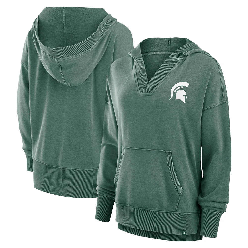 Sweat à capuche col en V molleton français délavé pour femmes Fanatics Green Michigan State Spartans Initiative Snow Wash