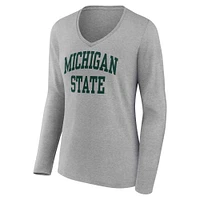 T-shirt à manches longues et col en V Fanatics pour femmes, gris chiné, Michigan State Spartans Basic Arch