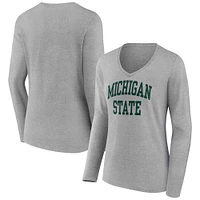 T-shirt à manches longues et col en V Fanatics pour femmes, gris chiné, Michigan State Spartans Basic Arch