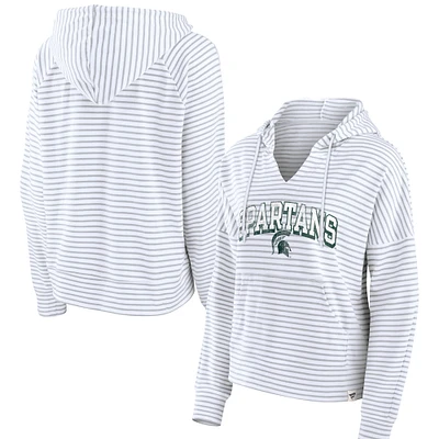 Women's Fanatics  White Michigan State Spartans Striped Notch Neck Pullover Hoodie