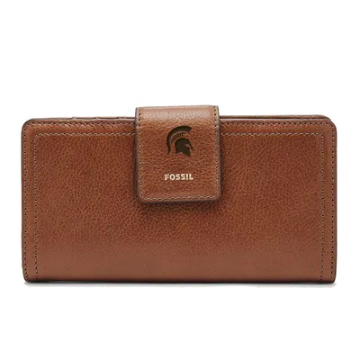 Michigan State Spartans Fossil Women's Leather Logan RFID Tab Clutch - Brown