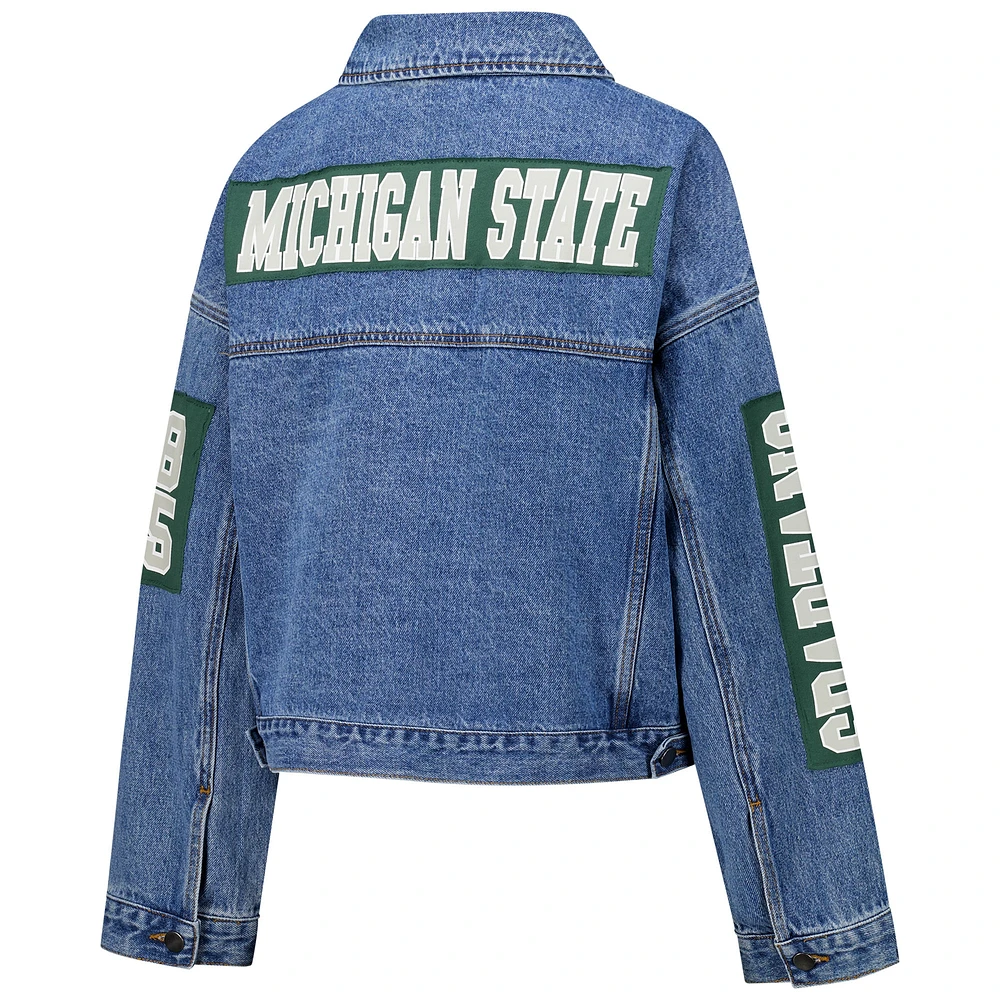 Veste en jean G-III 4Her pour femme de Carl Banks avec patchs et clous Game Ball des Spartans l'État du Michigan