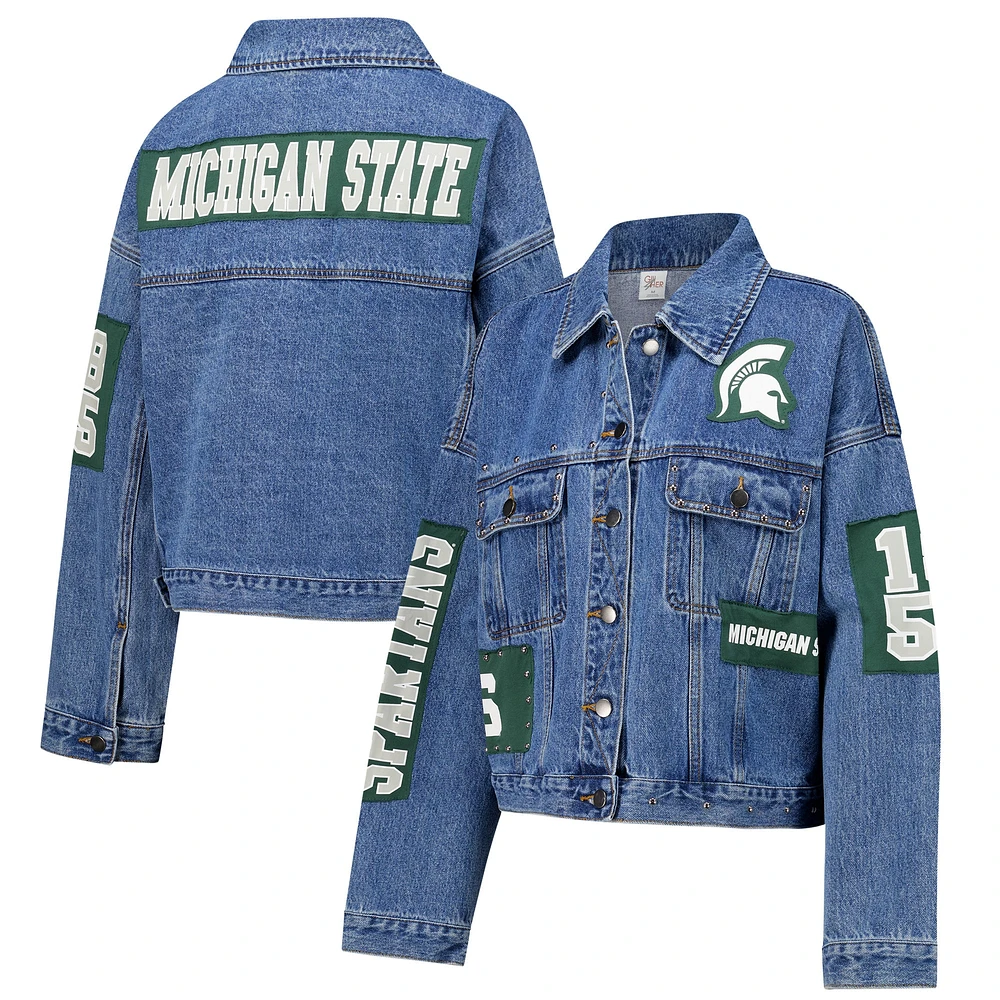 Veste en jean G-III 4Her pour femme de Carl Banks avec patchs et clous Game Ball des Spartans l'État du Michigan