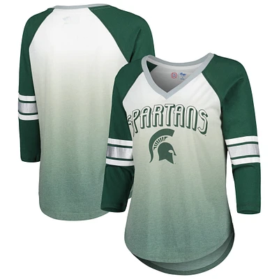 T-shirt à col en V et manches 3/4 pour femme G-III 4Her by Carl Banks Blanc/Vert Michigan State Spartans Lead Off Ombre Raglan