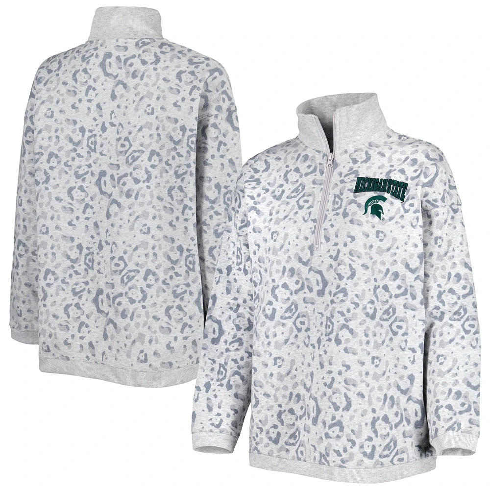 Women's Gameday Couture Heather Gray Michigan State Spartans Leopard Quarter-Zip Sweatshirt