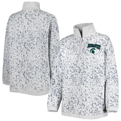 Sweat Gameday Couture gris chiné Michigan State Spartans léopard quart zip pour femme