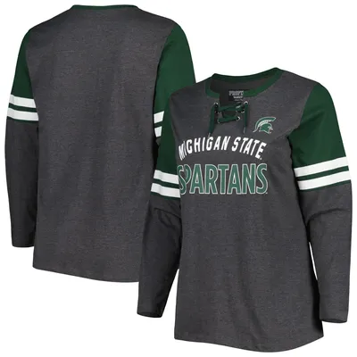 Michigan State Spartans Women's Plus Stripe Lace-Up V-Neck Long Sleeve T-Shirt - Heather Charcoal/Green