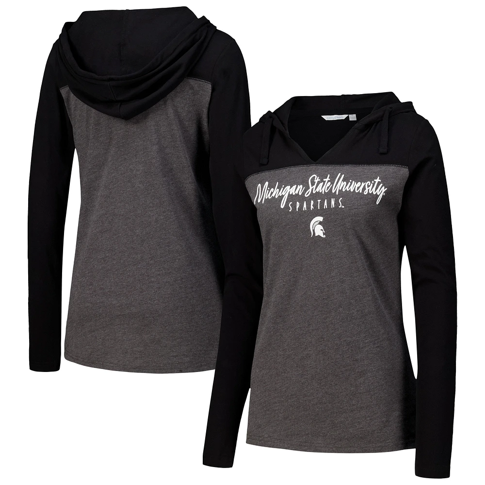 T-shirt à capuche manches longues et col en V pour femme Heather Charcoal Michigan State Spartans Knockout