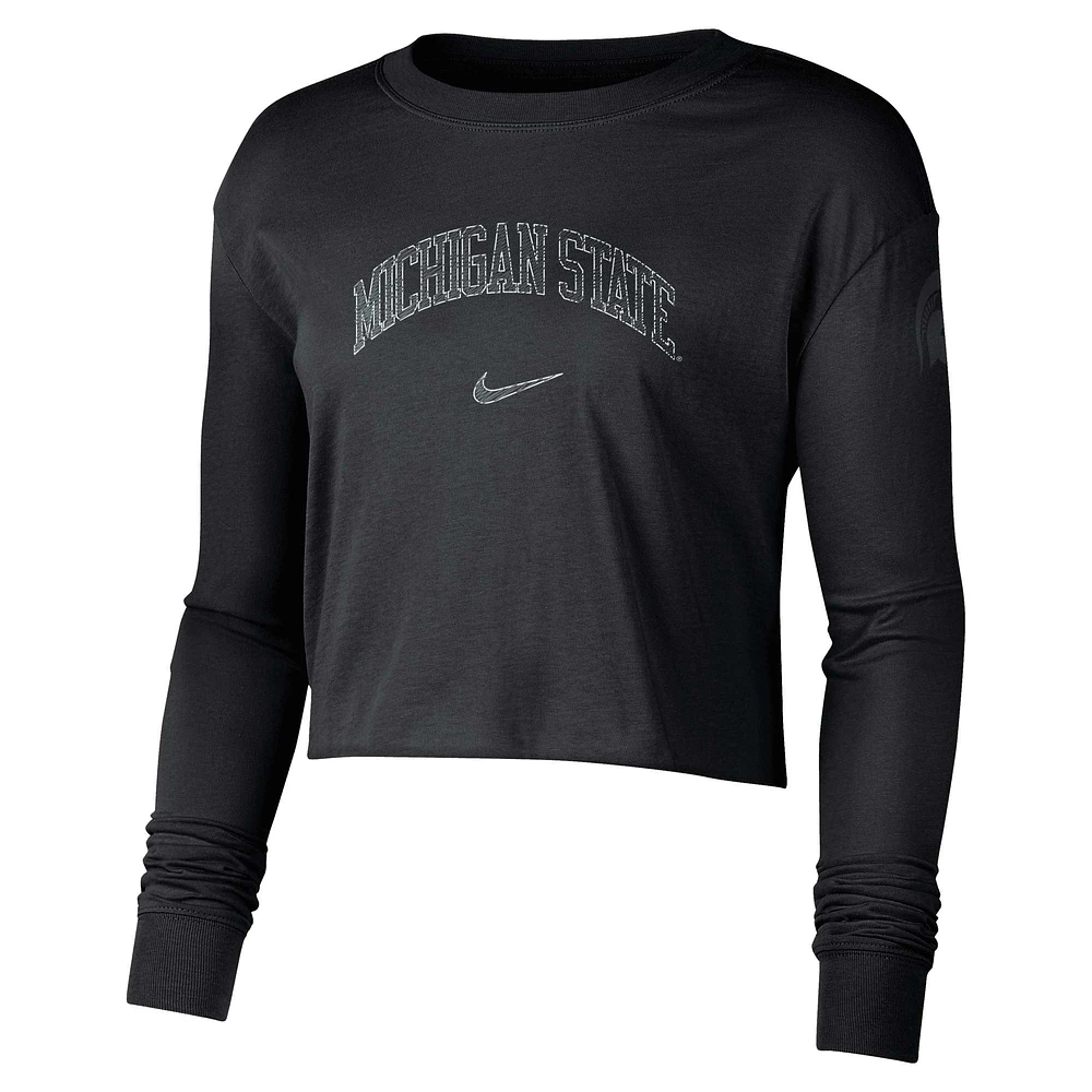 Women's Nike Black Michigan State Spartans 2-Hit Cropped Long Sleeve Logo T-Shirt