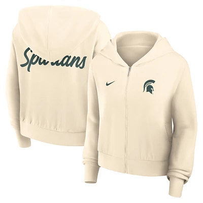 Sweat à capuche court Nike crème Michigan State Spartans pour femme avec fermeture éclair intégrale